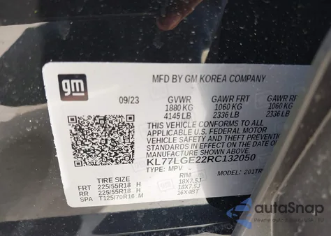 2024 Chevrolet Trax Fwd 1Rs из США, поврежденный, VIN KL77LGE22RC132050